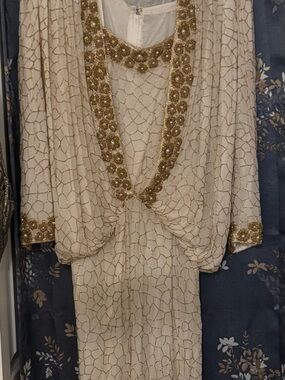 Lillie Rubin Embellished Cream Evening Gown with Gold Beading Pure Silk size S